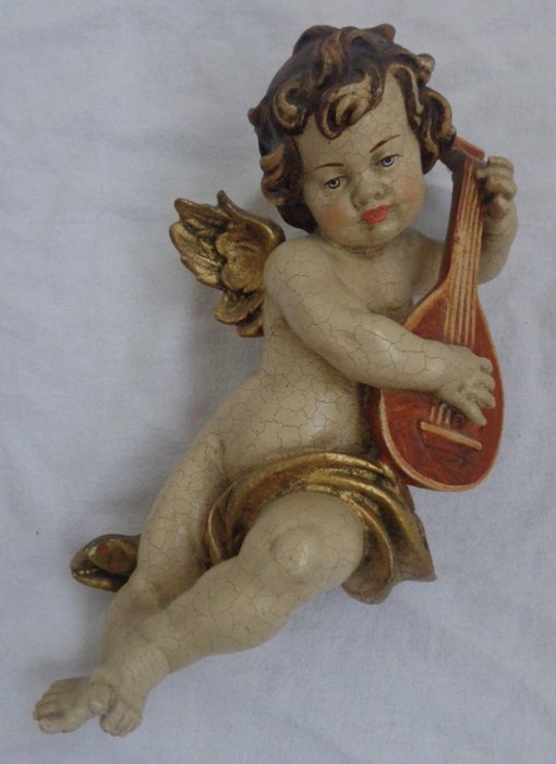 angelo in legno colorato angelo barocco con mandolino strumento? Scultura a parete forte - Legno