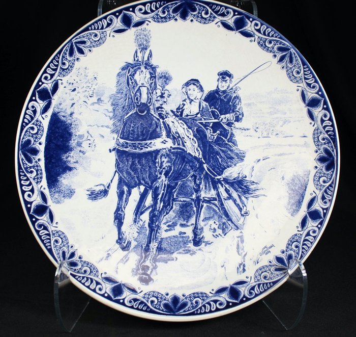 Delfts Blauw - Suuri sininen tyynylevy hevonen ja kuljetus - Nykyaikainen - Keraaminen