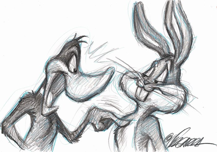 Bugs Bunny and Daffy Duck - Looney Tunes - Original drawing by Joan Vizcarra - Pencil Art