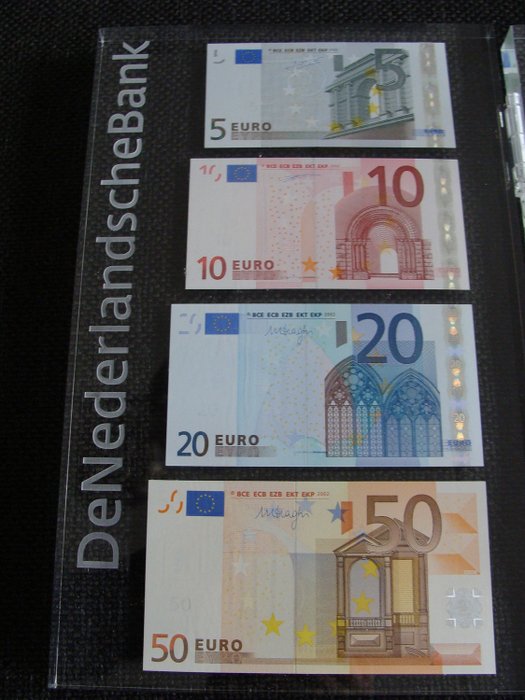 Nederland – Euro bankbiljetten Presentatieset met 5, 10, 20,50, 100, 200 en 500 euro in plexiglas