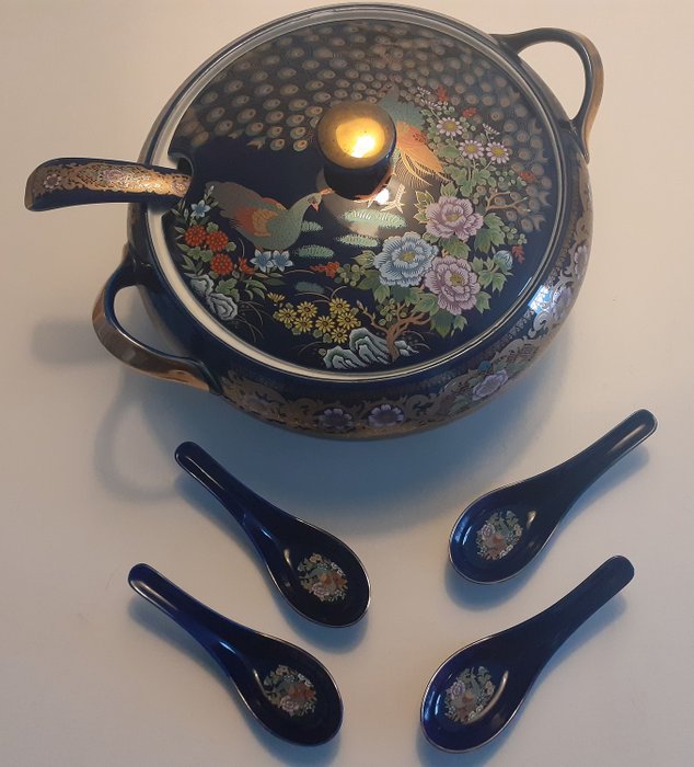 中國湯碗與美麗的孔雀裝飾-藍色\金色 - 瓷器
