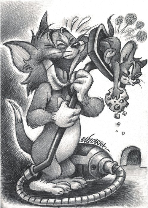 Tom & Jerry - Friends or Not? - Original Drawing - Joan Vizcarra - Lyijy kynä Art