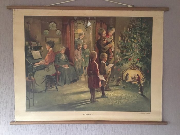 Geldorp - L.C.G Malmberg - Oude schoolplaat Kerst “ Kamer met Kerstkribbe “ - Linnen