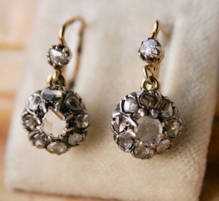 14 kt. Gold, Silver - circa 1880-1900 Antique Earrings - 1.46 ct Rose cut diamonds - Handcrafted Holland