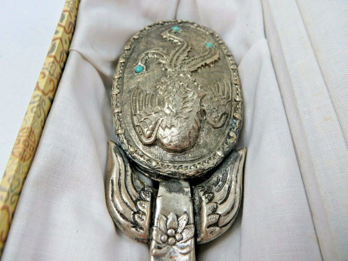 Vintage Chinese Carved Dragon Jade Belt Hook Engraved Brass Phoenix Hand Mirror