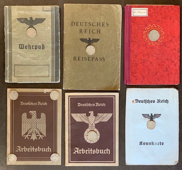 3. Reich vagy 2. világháború - 6 különböző személyazonosító igazolvány; Wehrpass (Wehrmacht/Heer), útlevél, német munkaügyi front, személyazonosító igazolvány,