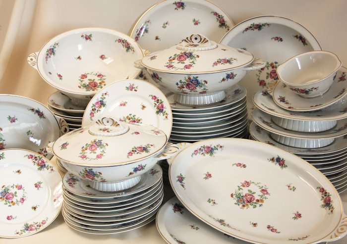 Porcelaines Pallas - Limoges - Serviço de mesa romântica (34 a 11 pessoas) + serviço de chá (86) - Arte déco - Porcelana