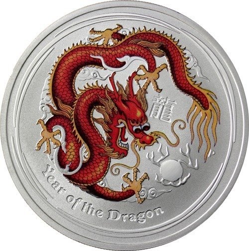 Australia. 1 Dollar 2012 Year of the Dragon -  Red Coloured, 1 Oz (.999)  (Ei pohjahintaa)