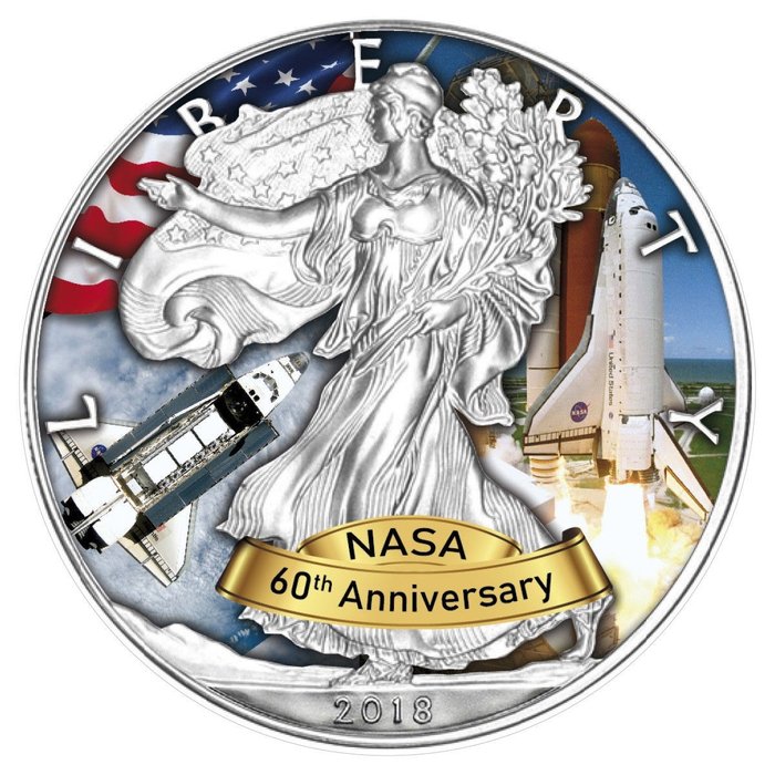 United States. 1 Dollar 2018- Silver Eagle - 60 Jahre NASA - Space Shuttle - 1 Oz