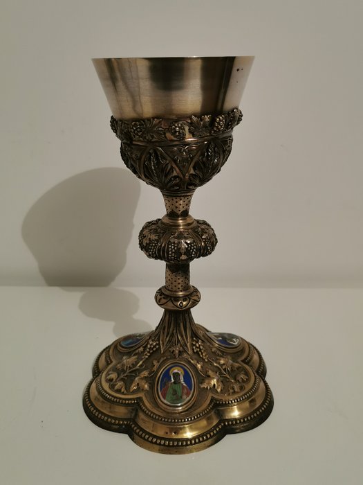 聖餐杯, 精湛的聖杯聖銀色和維爾梅爾琺瑯彩聖徒紀念章/ RARE (1) - .950 銀, 鍍金製品 - 法國 - 19世紀