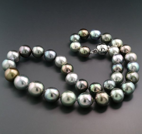Tahitiperlen aus Tahiti - 14 carats Or blanc, Perles de Tahiti multicolores - Collier Perles de Tahiti 11.1 - 13.7 lustre fabuleux NO RESERVE