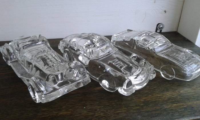 玻璃镇纸/雕塑3件车 - Porsche Mercedes Morgan - 1985-1990