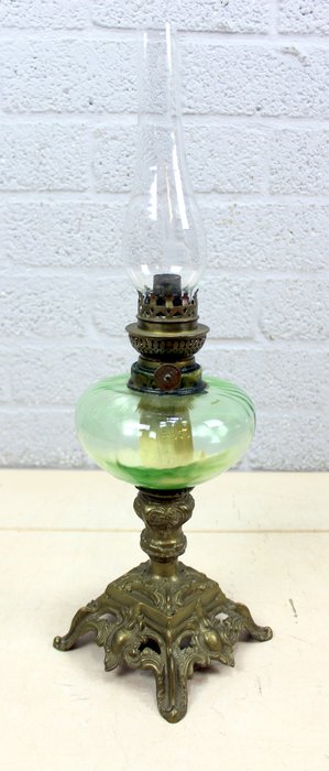 古董“Jugendstil”油燈 - 玻璃，青銅和黃銅
