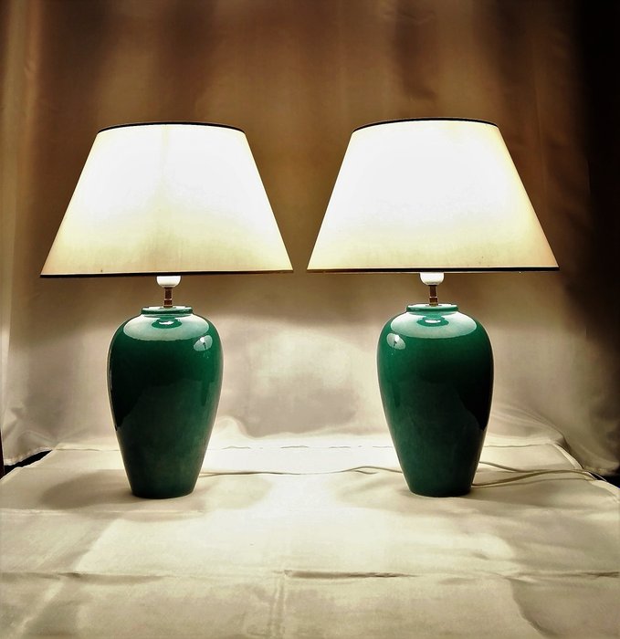 Lámparas de mesa / jarrones grandes idénticos verdes especiales - ¡Estilo crack! - Cerámica