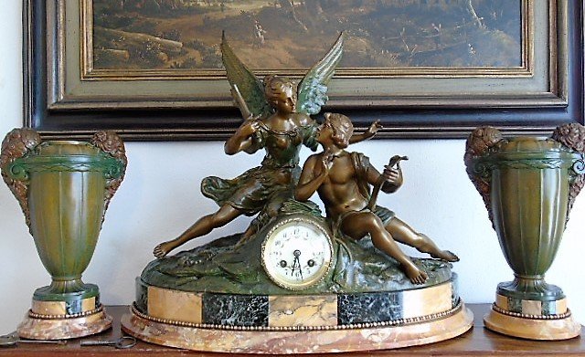 Great Art Deco Clock Set - Geo Maxim - Patinated Zamac Régule & Mottled Marble - First half 20th century
