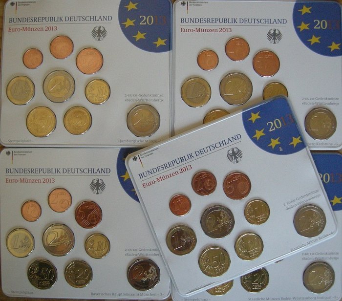 Germany. Year Set (FDC) 2013 "A,D,F,G,J" (incl. 2 euro "Elysee" + "Maulbronn") (5 sets)  (No Reserve Price)