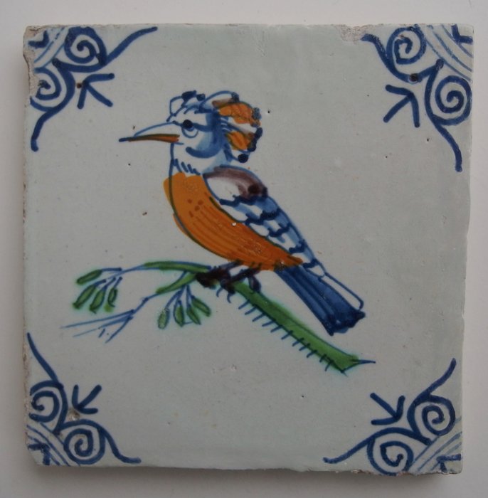 Antik kakel med fågel (Hop), 1700-talet (sällsynt) - Keramik