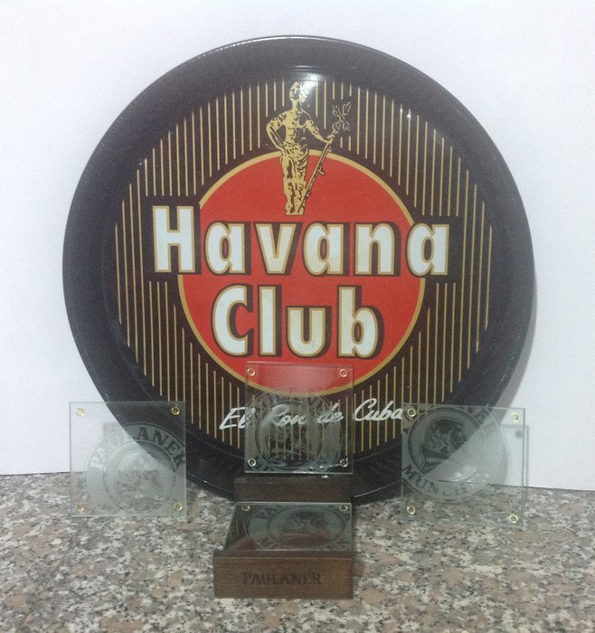 Havana Club e birra Paulaner - silk-screened glass tray and coasters (6) - sheet, glass and wood