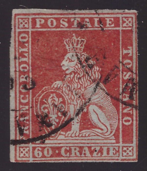 Toszkána 1851 - 60 Crazia dark scarlet on grey - Sassone N. 9