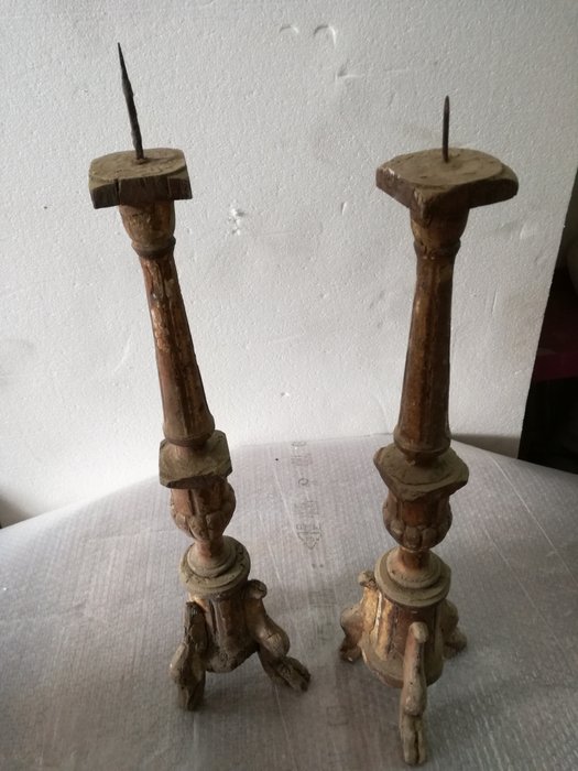 Pair of antique 18th century wooden candlesticks (2) - Wood- Oak
