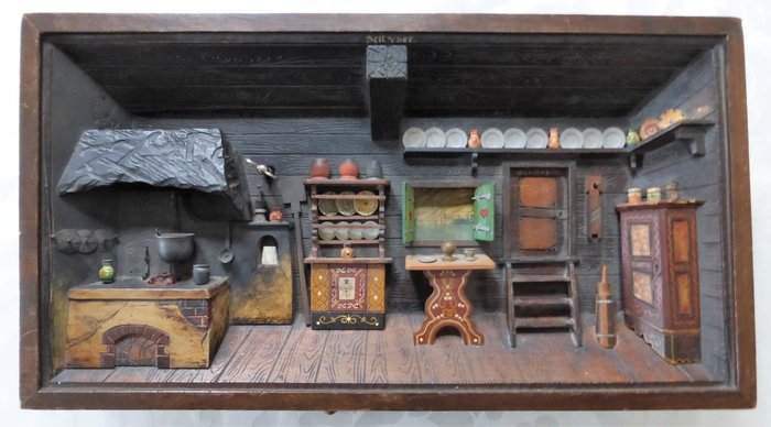 Antique Diorama Interior - cu cutie muzicală - artă populară - Vopsea din lemn - metal - cupru