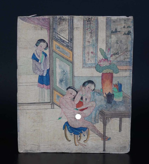 erotisk kinesisk silke maleri (1) - Silke - Kina - 1800-tallet