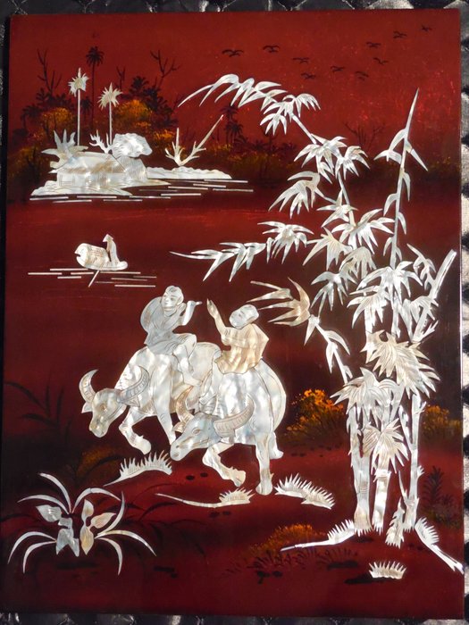 Vietnamese painting in bronze lacquer - Lacquer burgaute, Mother of pearl, Wood - Vietnam - 21st century