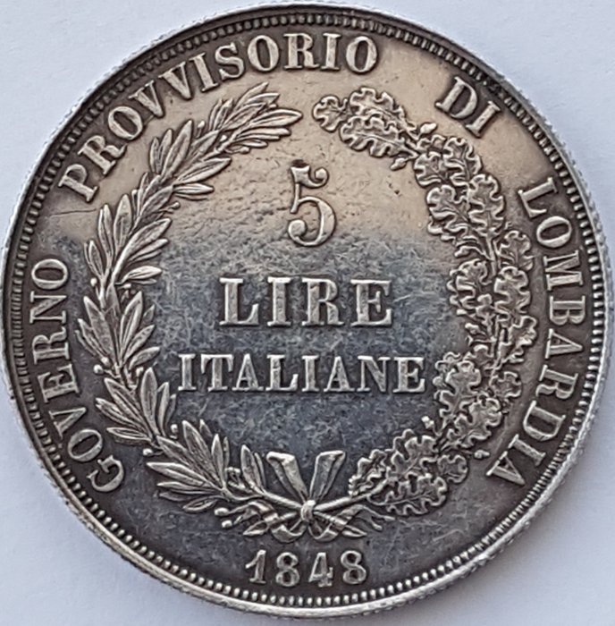 義大利 - 5 Lire Italiane 1848 - 銀