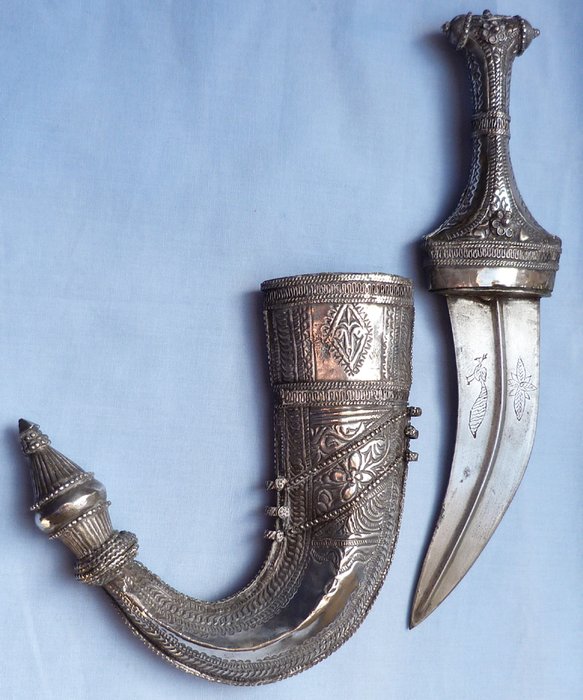 Jemen - Antique Silver Arab Yemeni Jambiya Dagger - nóż