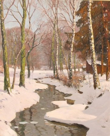 Louis Willem van Soest (1867-1948) -  Groot schilderij - Beekje in zonnig besneeuwd landschap