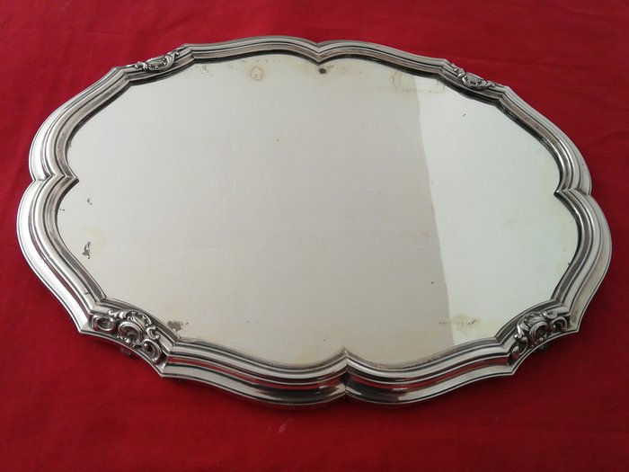 Tray in silver 800/1000, with mirror base, Italy, mid-20th century