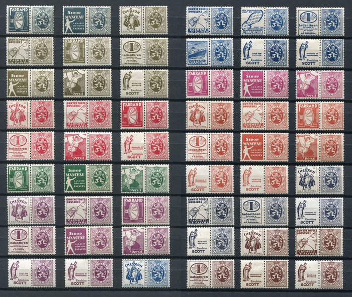 Belgia 1929/1932 - Seria completă de 54 de timbre publicitare „Leul heraldic” cu pub-uri - OBP/COB PU5/58