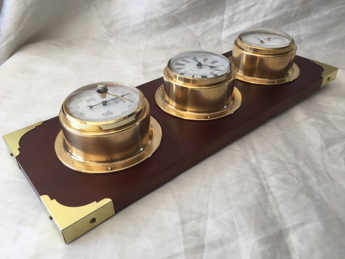 復古氣象站斯泰格氣壓計濕度計時鐘 - 木材和黃銅德國技術