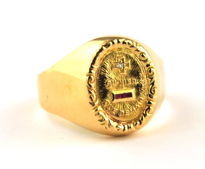 Antique "+ Qu'Hier - Que Demain" - 18 kt. Yellow gold - Ring Ruby - Diamond