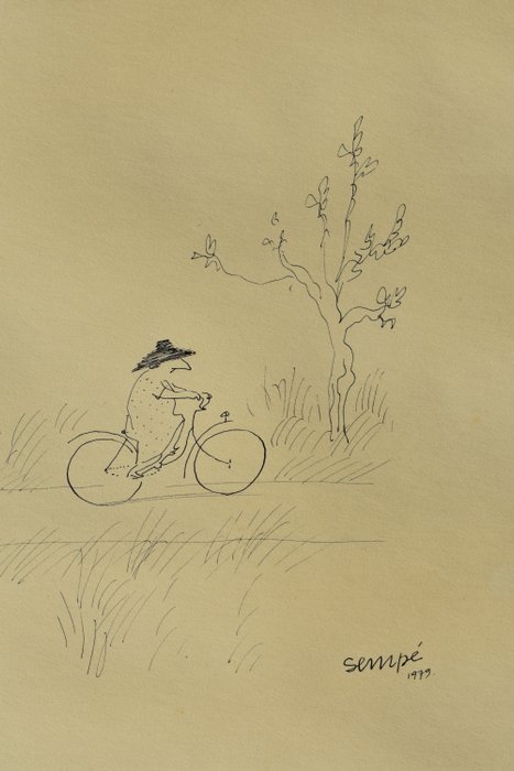 Sempé - Dessin original - La femme au vélo - (1979)