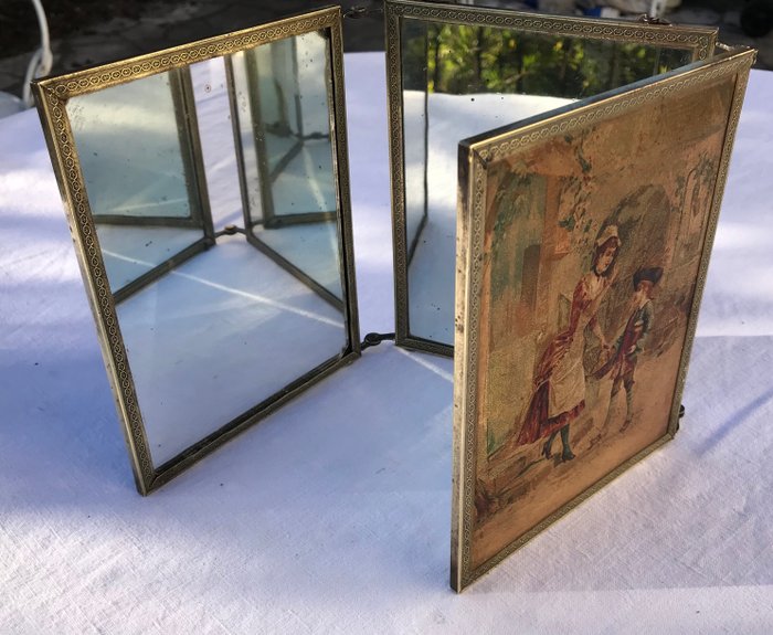 French Antique Triptych Trifold Barber Mirror  - Paper, Leather, Brass and Glass