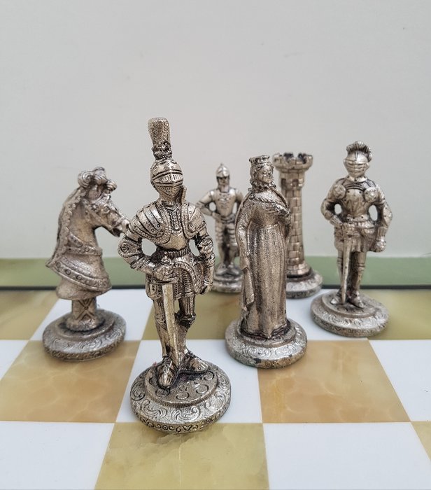 玛瑙国际象棋游戏与锡器棋子 - 石（矿石）, 缟玛瑙, 锡合金/锡