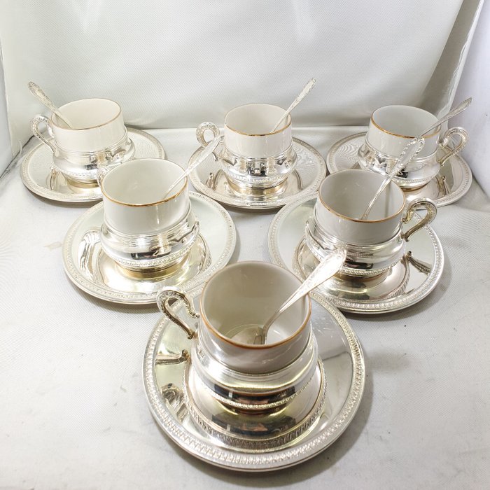 Coffee and tea service, Set 6 Cups Silver 800 Ceramic LINDNER KUEPS Germany (6) - .800 silver - Italy - 1800-1849