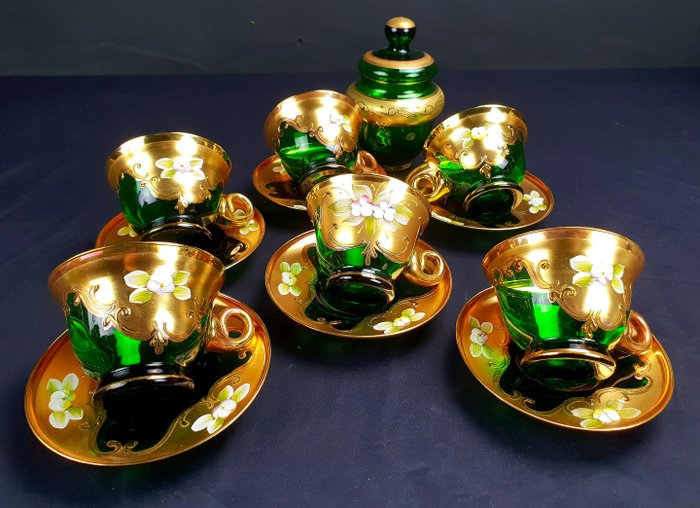 Murano "Tre Fuochi" - Beautiful tea and coffee service (7) - Pure gold crystal and enamels