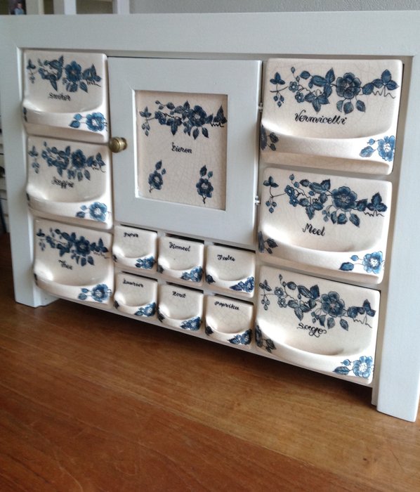 kitchen herb box Delft blue floral motif (1) - Ceramic, Wood