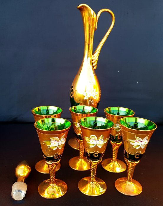 Murano "Tre Fuochi" - Serviço de garrafa e copos (7) - Cristal puro de ouro e esmaltes