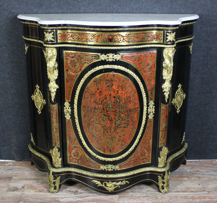 Boulle furniture ep. Napoleon III curved all sides - black pear, lacquer and golden bronzes - Second half 19th century