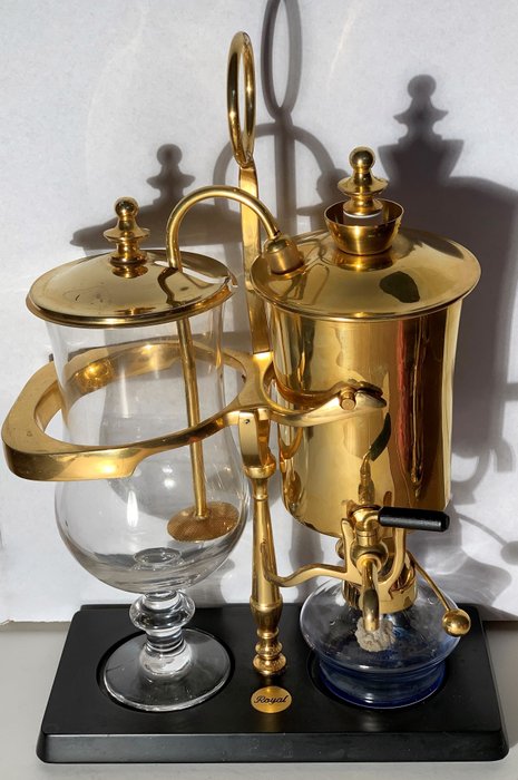 Royal Belgium - Luxe Percolator, Siffon, vakuum kaffemaskine ved bordet - Glas, 24 karat Forgyldt Forgyldt, Træ