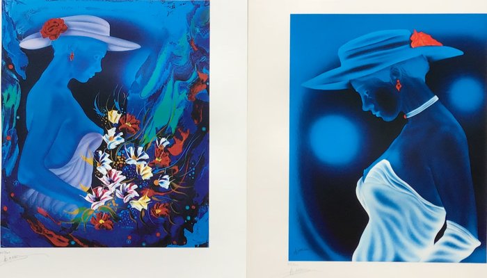Dominique Huard (1951 -) - 2 lithographies - Femmes au chapeau, Femmes au bouquet