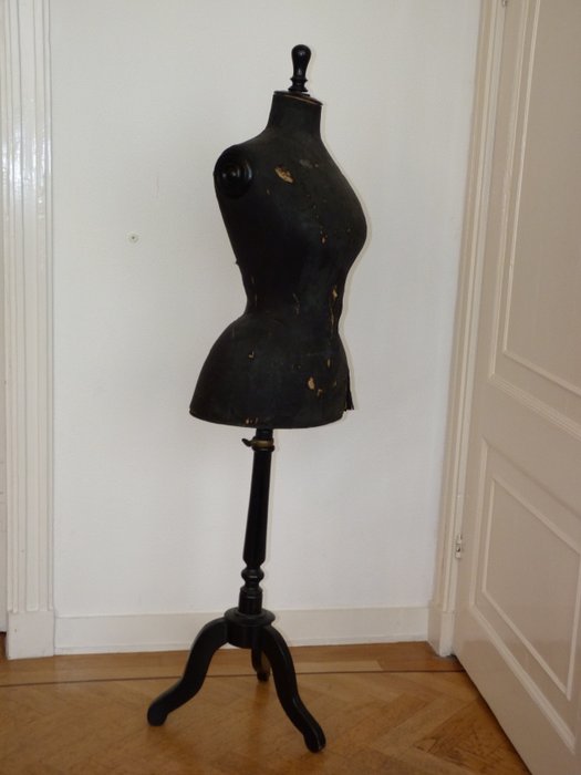 Antique French wasp waist mannequin bust / mannequin - Linen, cardboard, wood and copper