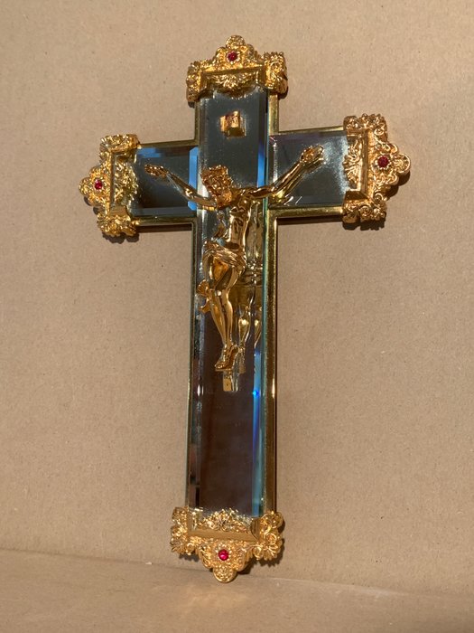 Franklin Mint - Jóia Crucifixo Espelhada do Renascimento - Jesus Cristo - Ouro, Vidro