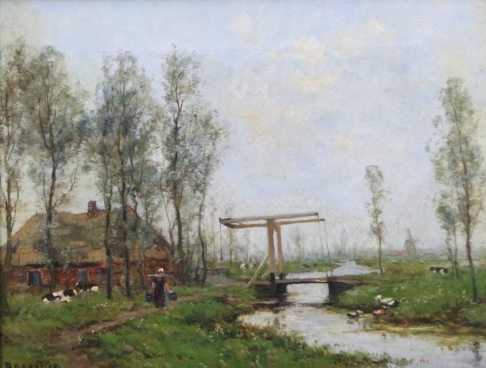 Berend Jan "Barend"Brouwer (1872-1936) - Landschap met boerin en bruggetje