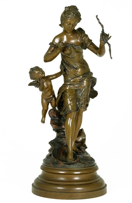 Auguste Moreau (1834-1917) - Grande scultura di donna con cupido - L'Education de L'Amour - Zamac - circa del 1900