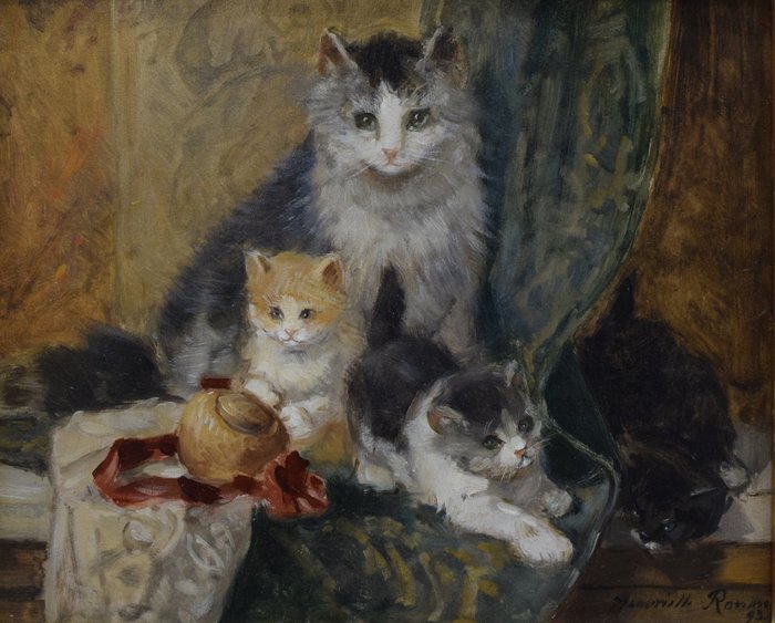 Henriëtte Ronner-Knip (1821-1909) - Stilleven met kat en drie kittens