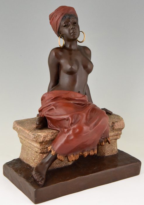 Emmanuel Villanis - Art nouveau erotische sculptuur - 赤裸的奴隸女孩可拆卸裙子（42厘米）
